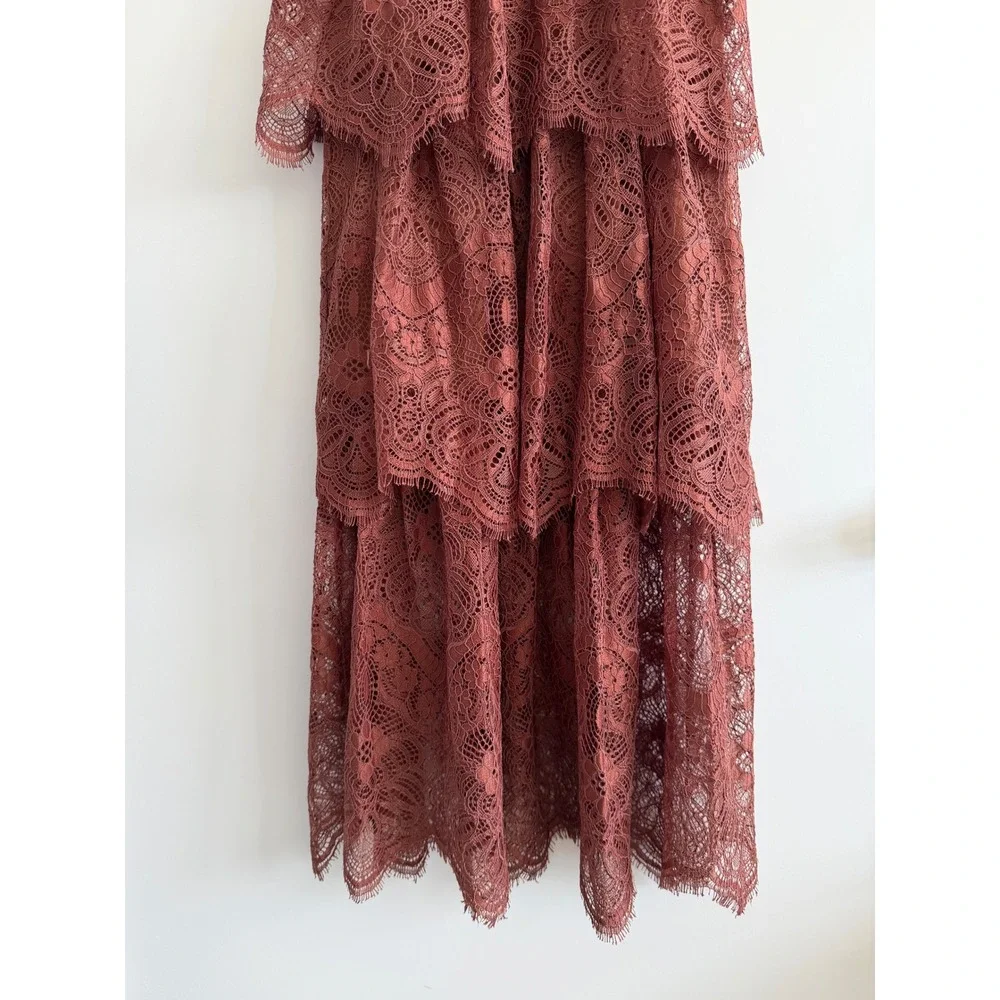 H&M Rust Brown Floral Lace Tiered Maxi Skirt Smocked Waist Size 2 Boho Summer